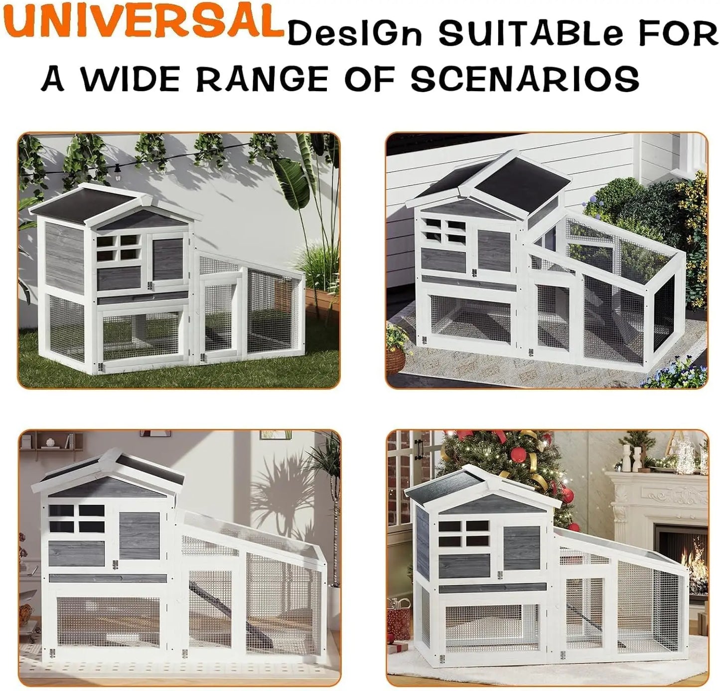 2-Tier Wooden Bunny Cage with Non-Slip Ramp & Removable Tray Indoor/Outdoor Chickens Rabbits Cage with Weatherproof Asphalt Roof