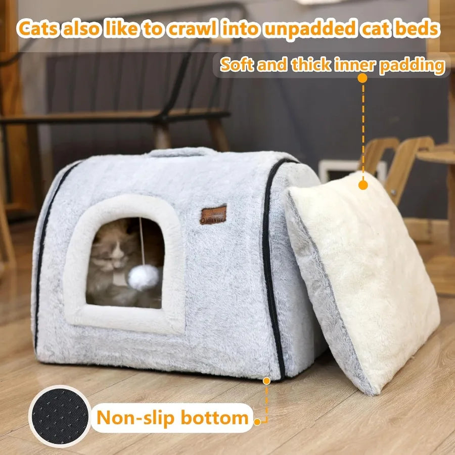 Cat Bed Cave Cat beds for Indoor Cats Soft and Comfortable Cute Cat House with Removable Washable Cushioned Pillow Enclosed Cat Bed