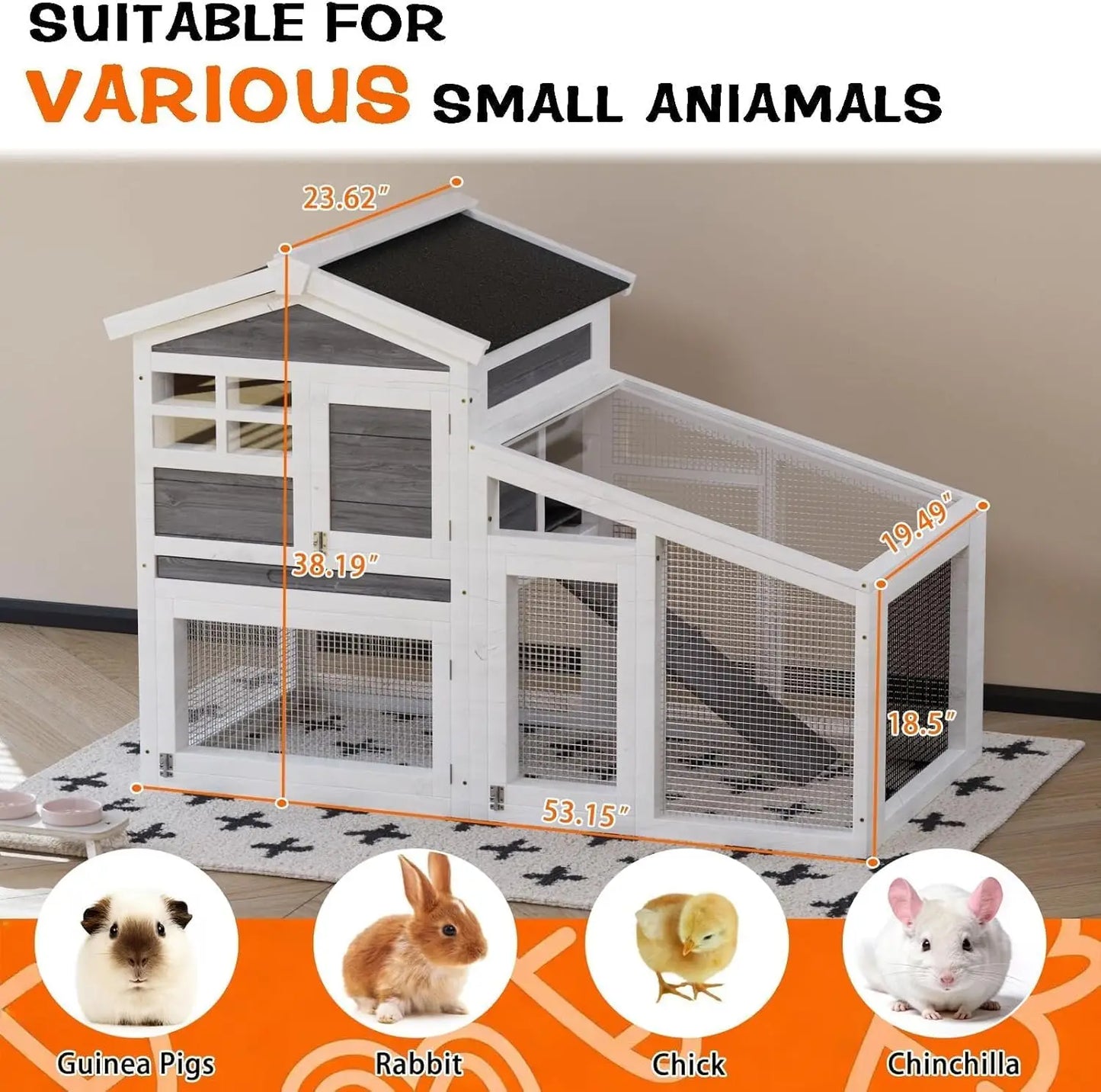 2-Tier Wooden Bunny Cage with Non-Slip Ramp & Removable Tray Indoor/Outdoor Chickens Rabbits Cage with Weatherproof Asphalt Roof