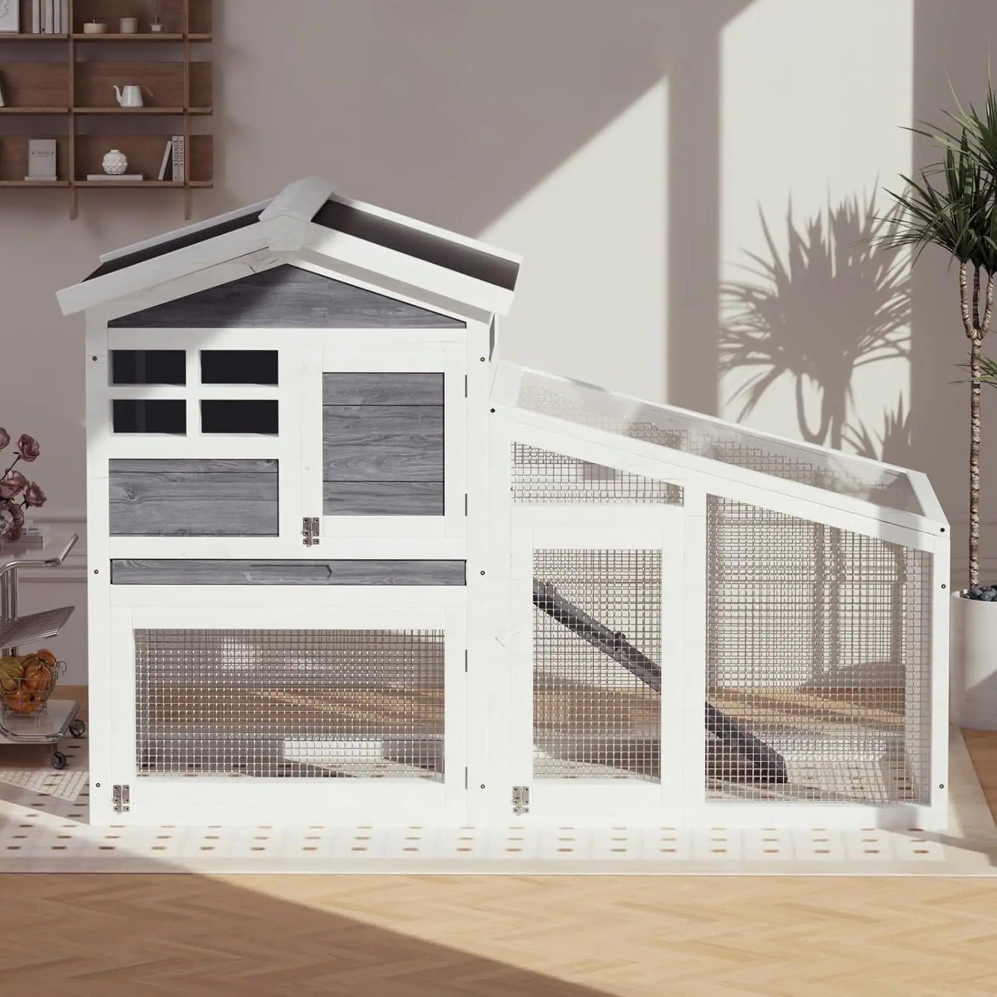 2-Tier Wooden Bunny Cage with Non-Slip Ramp & Removable Tray Indoor/Outdoor Chickens Rabbits Cage with Weatherproof Asphalt Roof