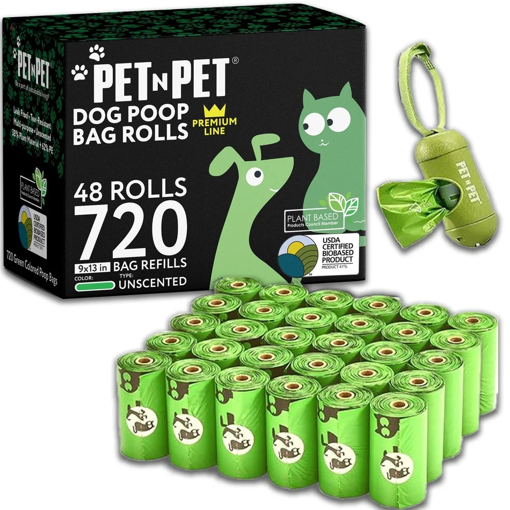 Biobased Dog Poop Bags 720 Counts Leak Proof Unscented Waste Bags with Free Dispenser and Leash Clip Dogs and Cats