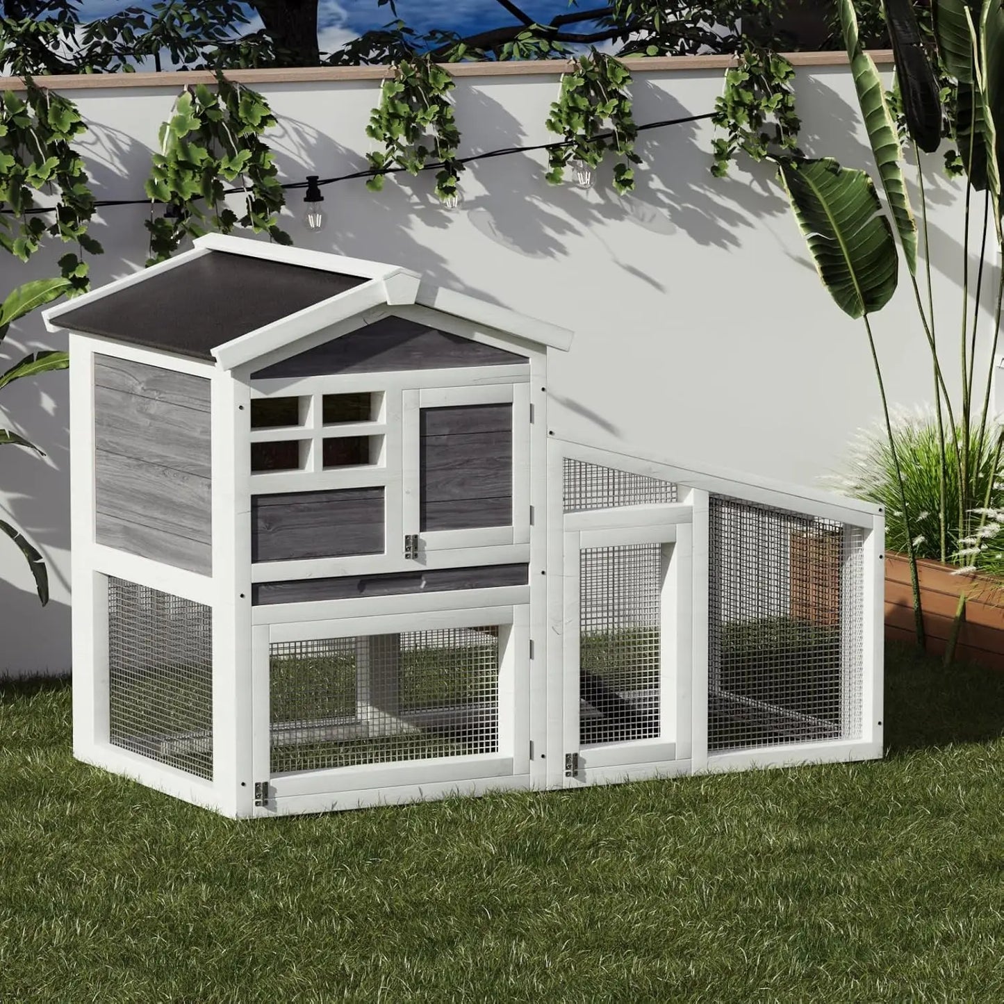 2-Tier Wooden Bunny Cage with Non-Slip Ramp & Removable Tray Indoor/Outdoor Chickens Rabbits Cage with Weatherproof Asphalt Roof