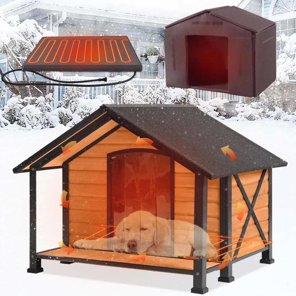Heated Outdoor Dog House Insulated Weatherproof Wooden Dog Kennel for Winter, Anti-Bite Dog Shelter with Heating Pad and Insulat