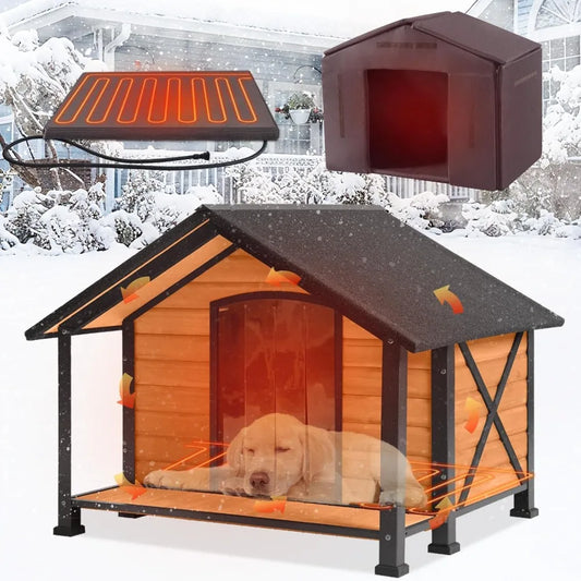 Heated Outdoor Dog House Insulated Weatherproof Wooden Dog Kennel for Winter, Anti-Bite Dog Shelter with Heating Pad and Insulat