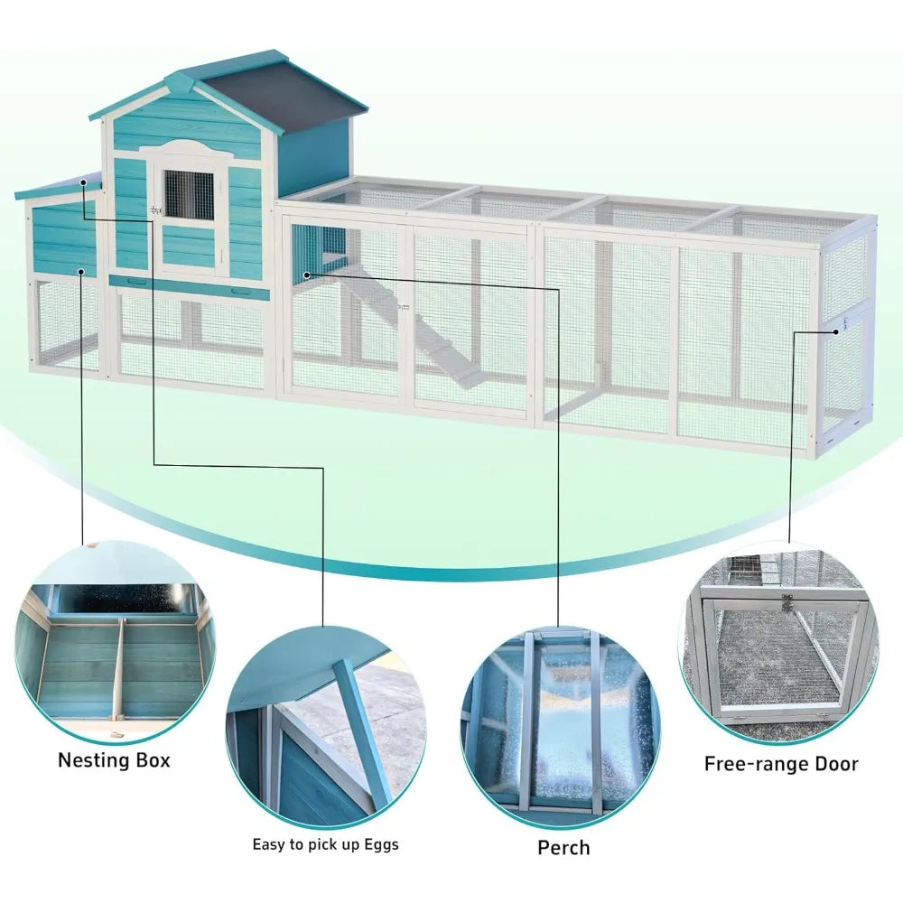 Large Chicken Coop with Nesting Box, Wooden Hen House W/Ramp & Sliding Trays, Waterproof Poultry Cage W/Sloped Asphalt Roof