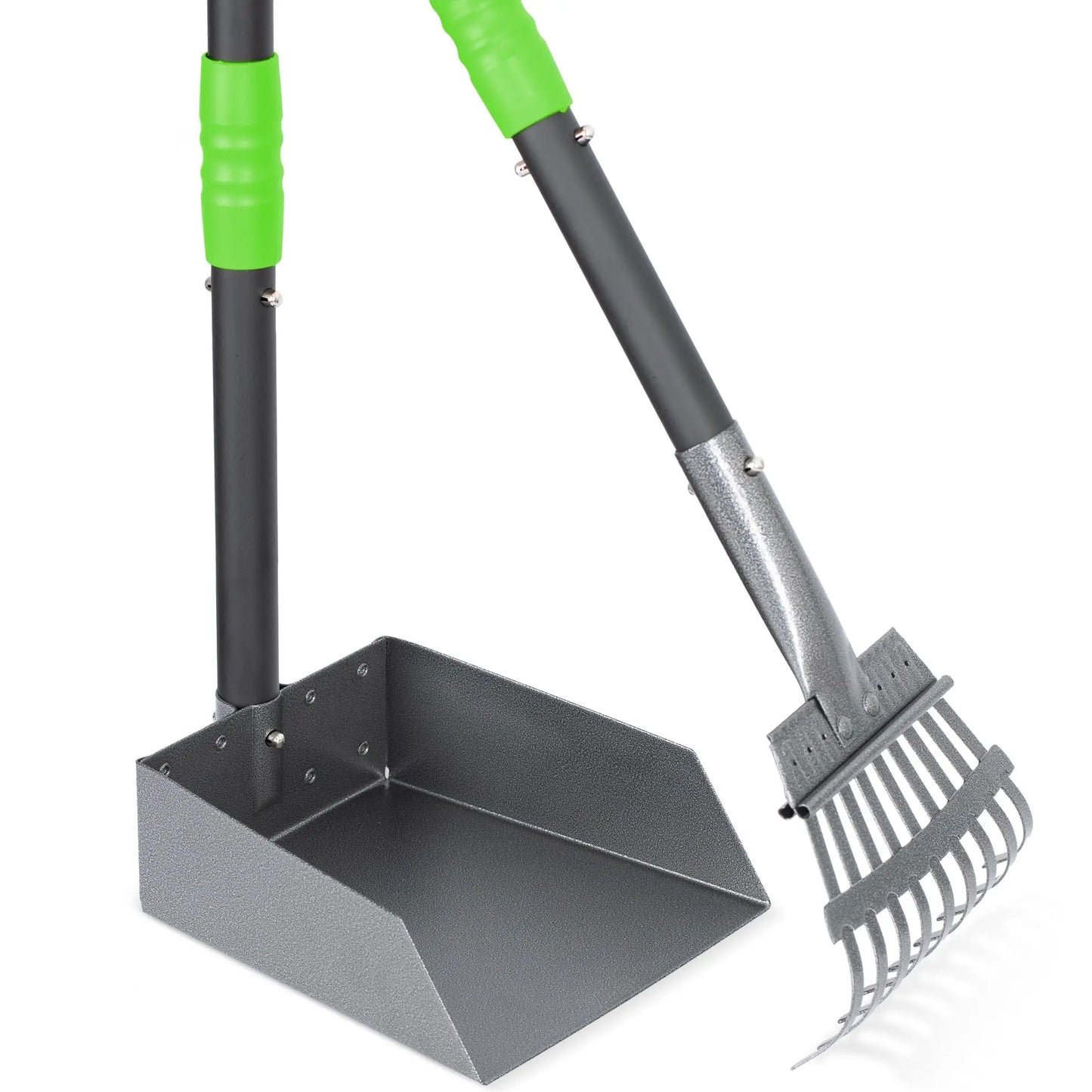 Dog Pooper Scooper, Dog Poop Tray and Rake Set, Pet Waste Removal Scoop with Long Adjustable Sectional Stainless Handles