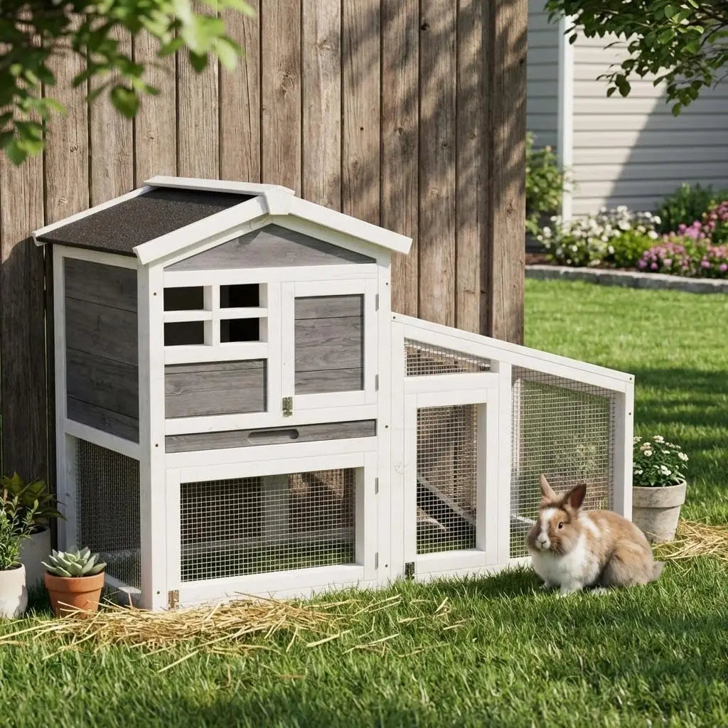 2-Tier Wooden Bunny Cage with Non-Slip Ramp & Removable Tray Indoor/Outdoor Chickens Rabbits Cage with Weatherproof Asphalt Roof