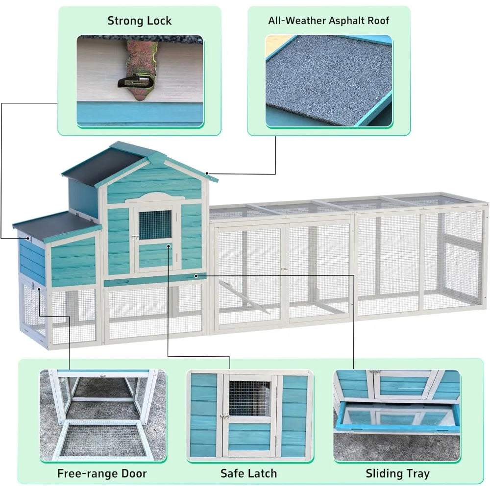 Large Chicken Coop with Nesting Box, Wooden Hen House W/Ramp & Sliding Trays, Waterproof Poultry Cage W/Sloped Asphalt Roof