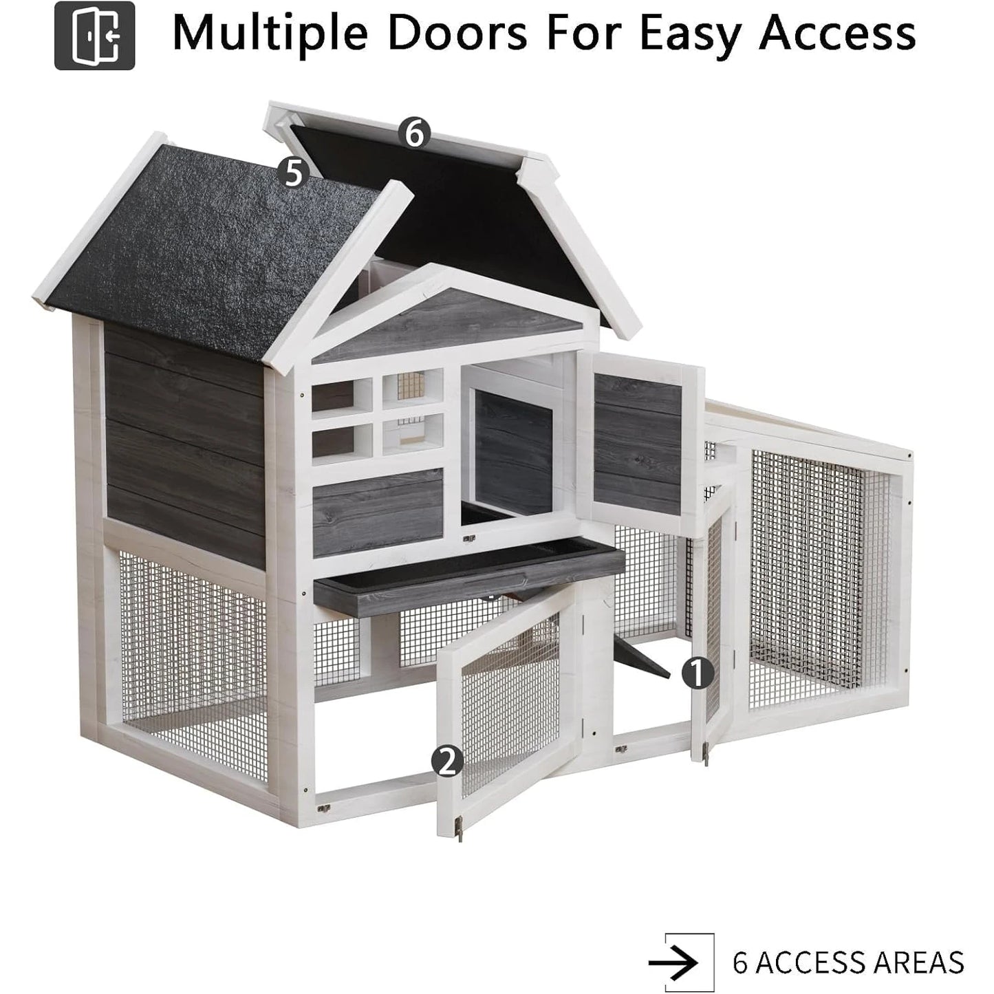 2-Tier Wooden Bunny Cage with Non-Slip Ramp & Removable Tray Indoor/Outdoor Chickens Rabbits Cage with Weatherproof Asphalt Roof