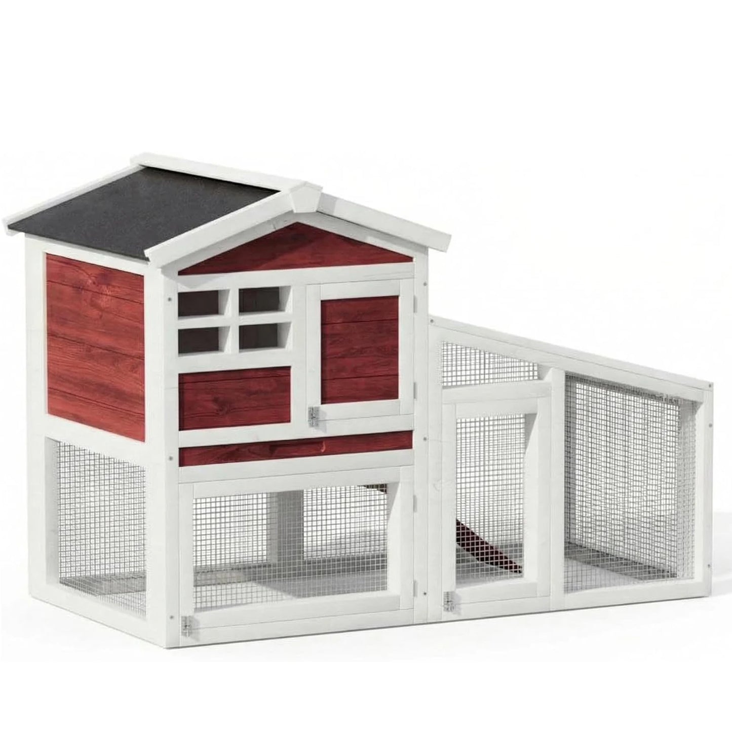 2-Tier Wooden Bunny Cage with Non-Slip Ramp & Removable Tray Indoor/Outdoor Chickens Rabbits Cage with Weatherproof Asphalt Roof