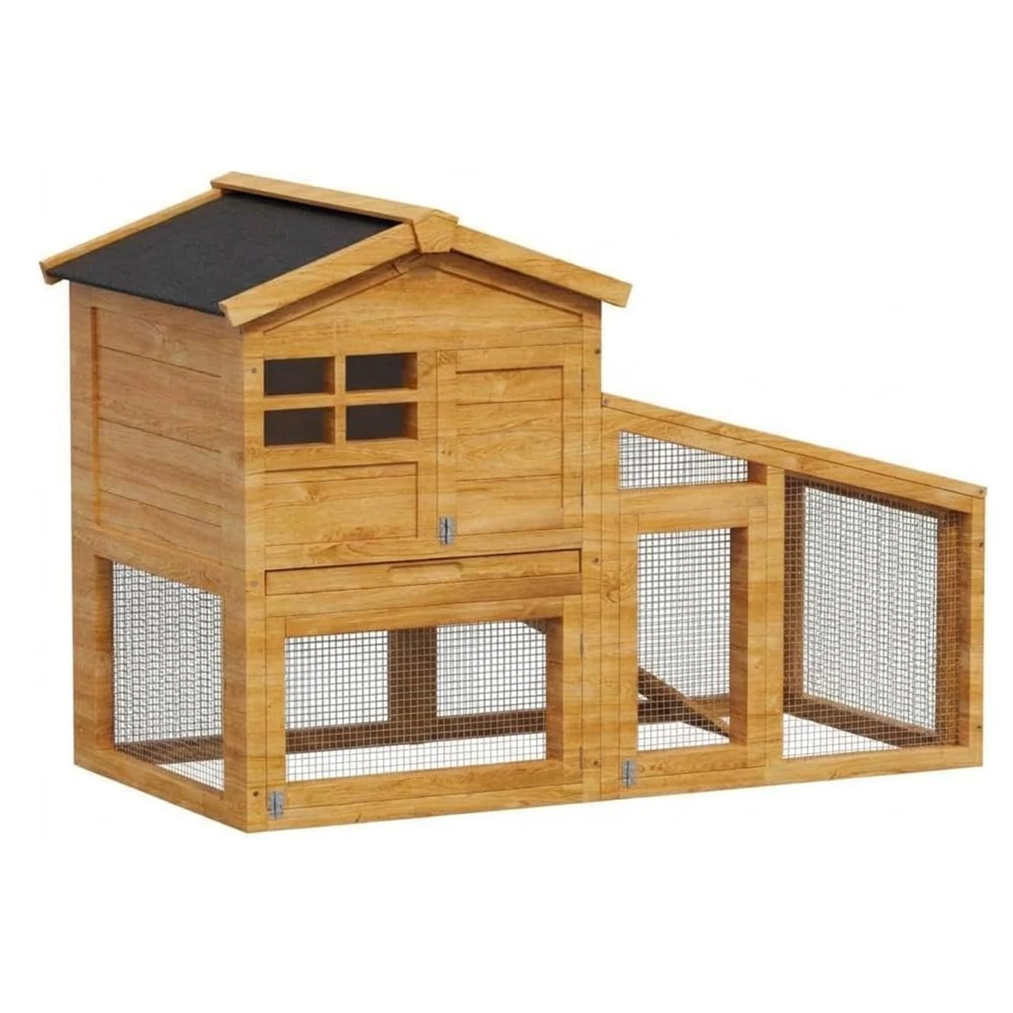 2-Tier Wooden Bunny Cage with Non-Slip Ramp & Removable Tray Indoor/Outdoor Chickens Rabbits Cage with Weatherproof Asphalt Roof