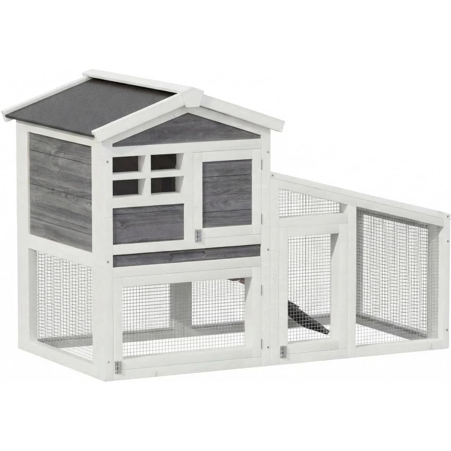 2-Tier Wooden Bunny Cage with Non-Slip Ramp & Removable Tray Indoor/Outdoor Chickens Rabbits Cage with Weatherproof Asphalt Roof