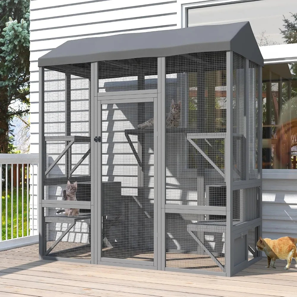 Catio Outdoor Cat Enclosure, Large Cat House for Mulitiple Cats Walk in Cat Cage with Waterproof Cover and Sunshine Panel Roof,