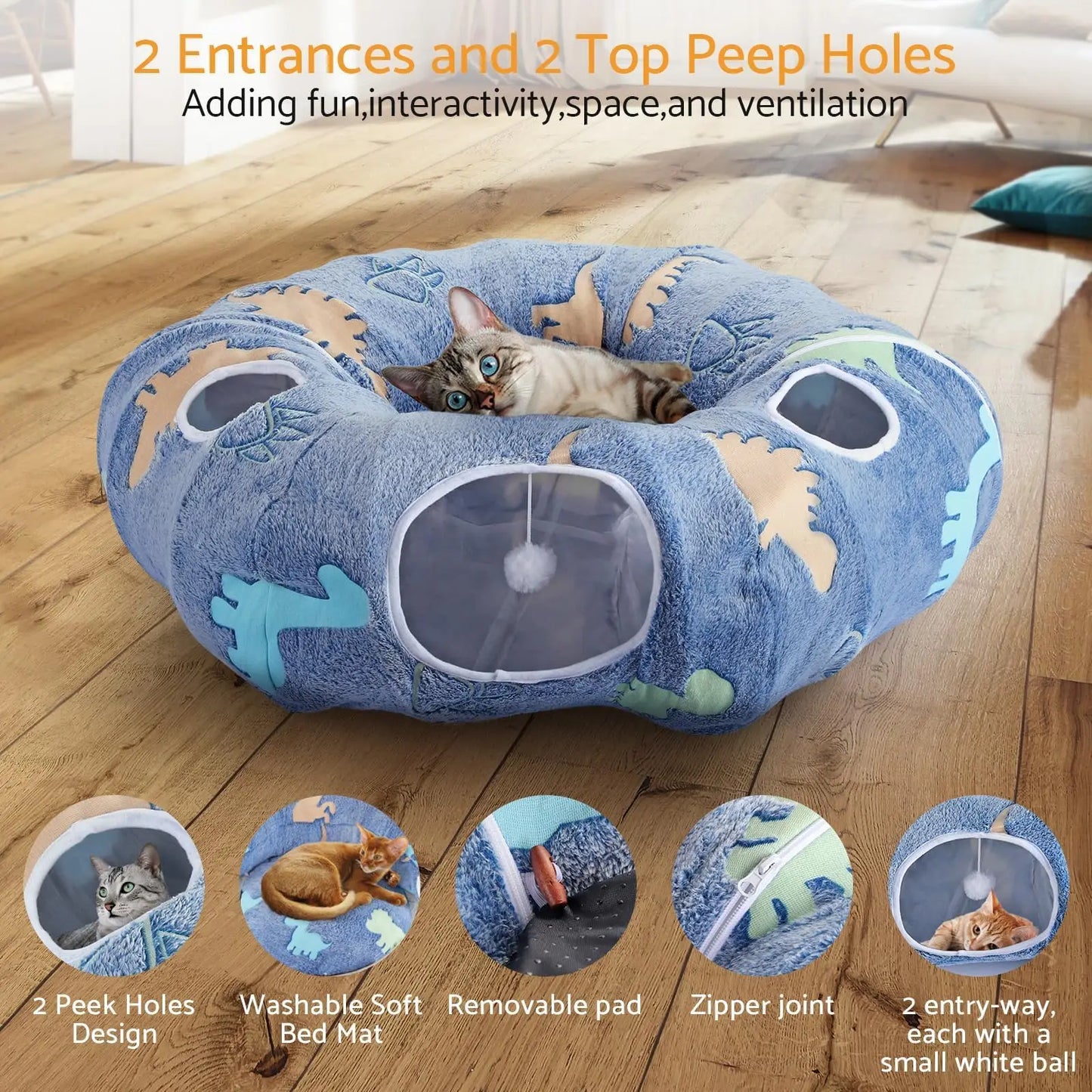 Cat Tunnels for Indoor Cats Foldable & Washable Interactive Play System with Peekaboo Cave + Plush Bed | 4 Entry Adventure Zone