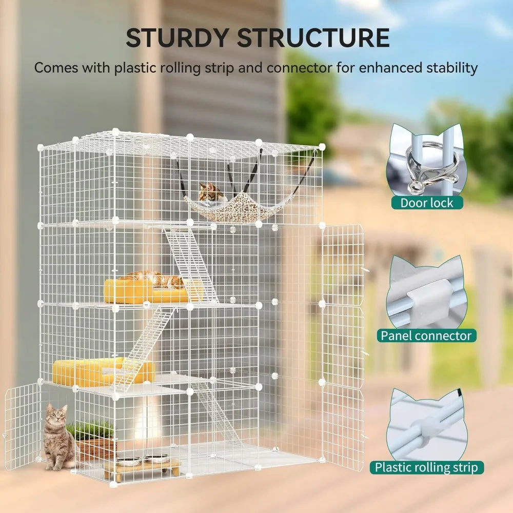 4-Tier Large Cat Cage, Indoor Enclosure Metal Wire Kennels DIY Cat Playpen with Large Hammock for 1-3 Cats White